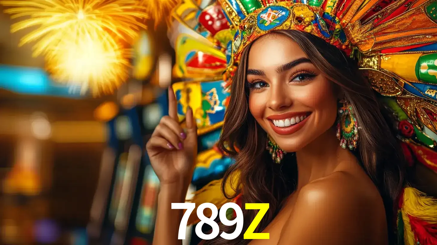 Mulher sorridente com um cocar de carnaval vibrante e colorido, celebrando uma grande vitória nos jogos do cassino 789Z com fogos de artifício ao fundo.
