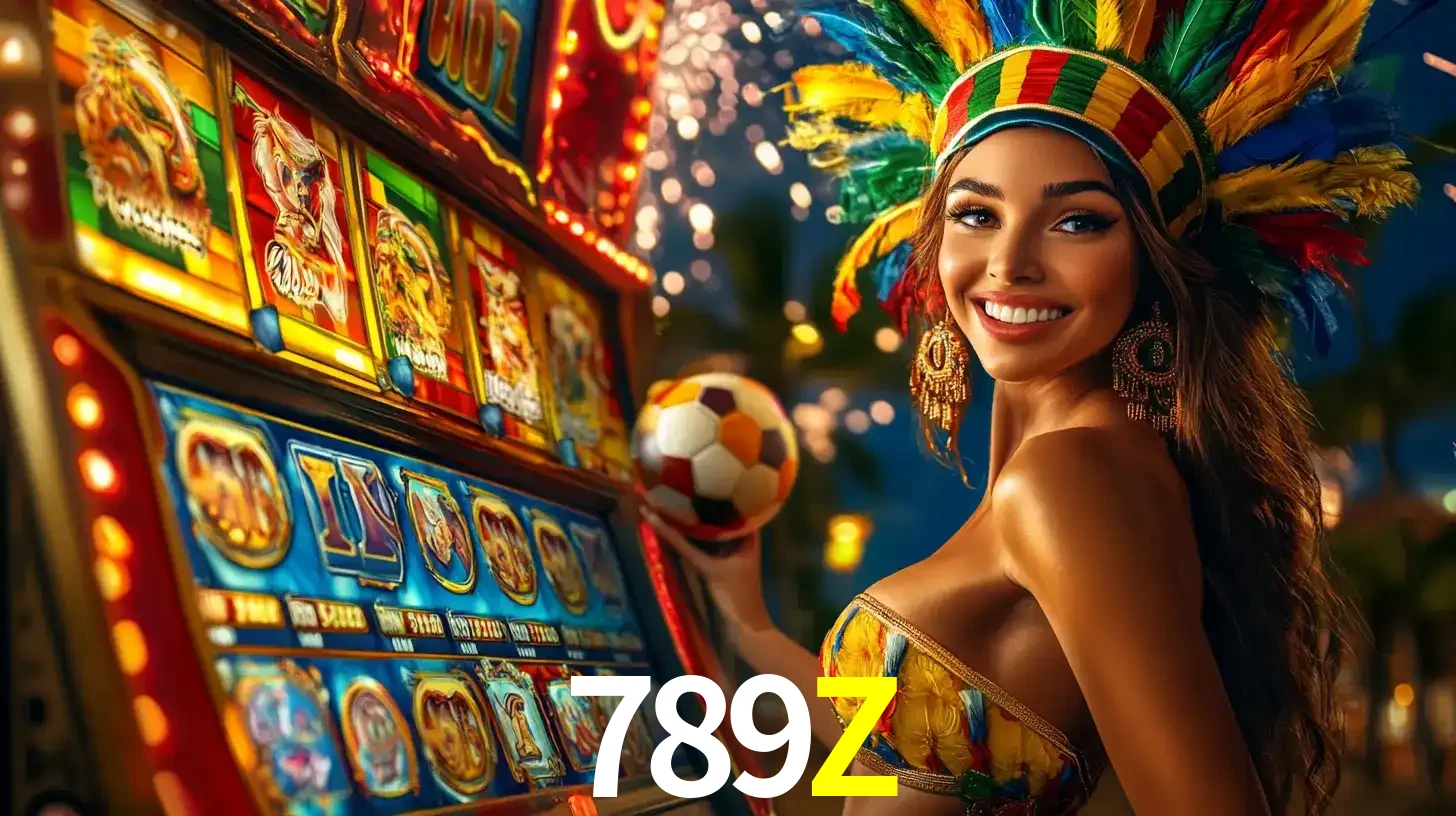 Mulher com um cocar de carnaval ao lado de uma máquina de caça-níqueis enquanto segura uma bola de futebol, mostrando a união da diversão de cassino e esportes no 789Z.