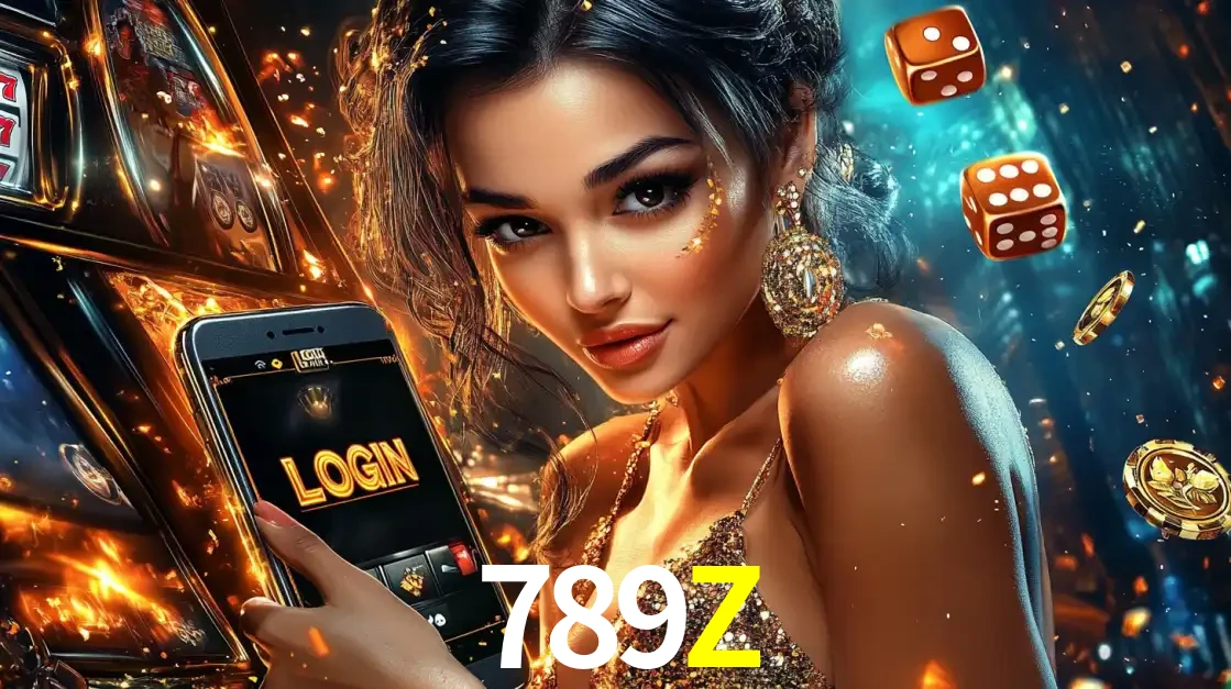 Mulher glamourosa segurando um celular com a tela de login do cassino 789Z, rodeada por dados e moedas douradas, pronta para começar a diversão.