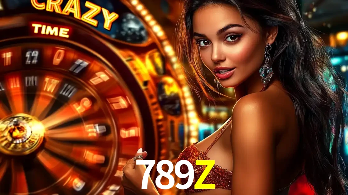 Mulher ao lado da roda de prêmios do jogo de cassino ao vivo Crazy Time, um dos shows de jogos mais emocionantes oferecidos pela plataforma de apostas 789Z.
