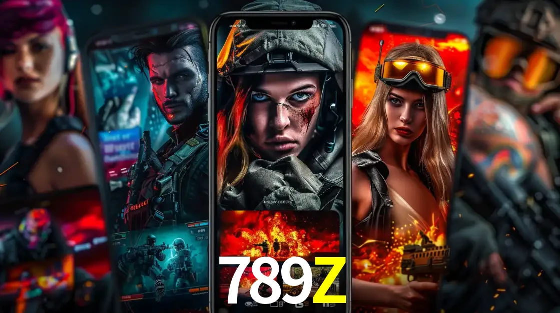 Montagem de telas de celular mostrando diversos personagens, masculinos e femininos, de um jogo de tiro, ilustrando a diversidade de equipes de e-sports para apostar no 789Z.