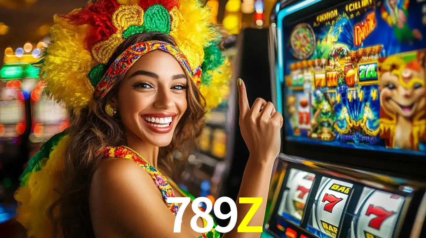 Mulher animada com um cocar de carnaval apontando para uma máquina de caça-níqueis, mostrando a emoção de ganhar um grande prêmio nos jogos do 789Z.