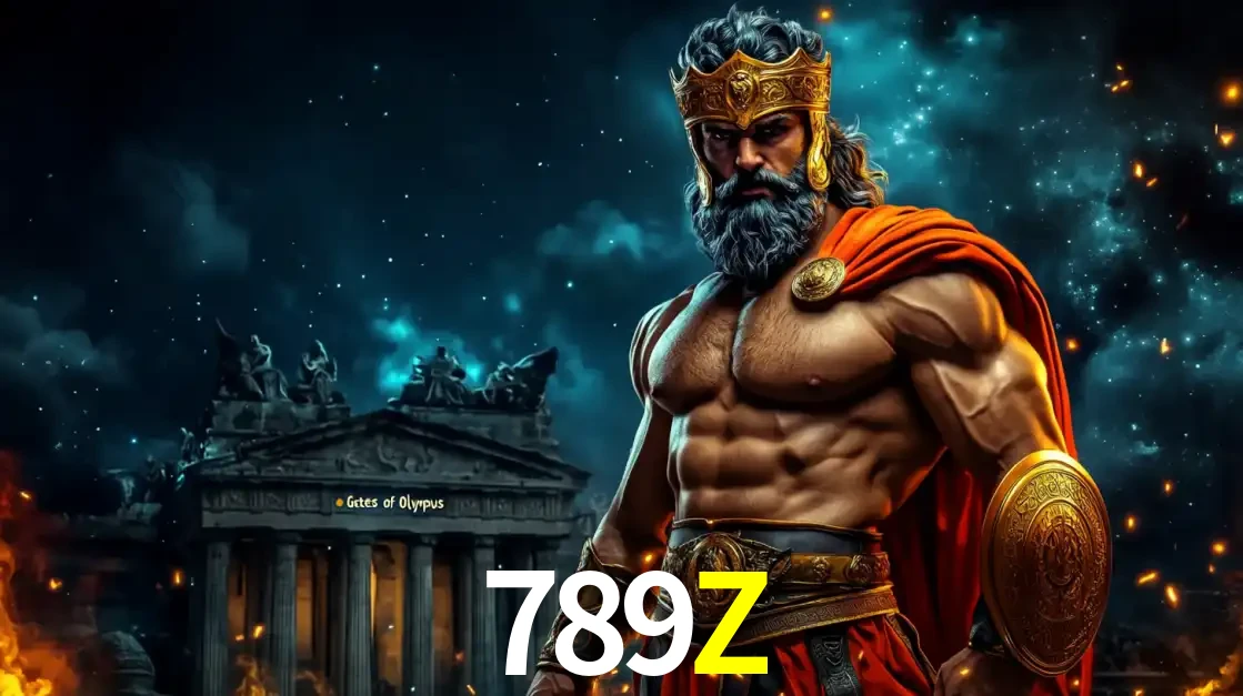 O poderoso Zeus do jogo de slot Gates of Olympus em frente ao seu templo, pronto para lançar multiplicadores divinos e prêmios épicos no cassino online 789Z.