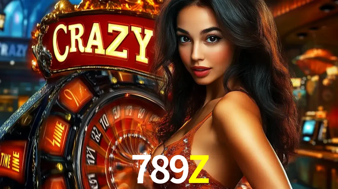 Mulher glamourosa olhando para a câmera com a roda vermelha do Crazy Time ao fundo em um ambiente de cassino, destacando a emoção dos jogos ao vivo no 789Z.