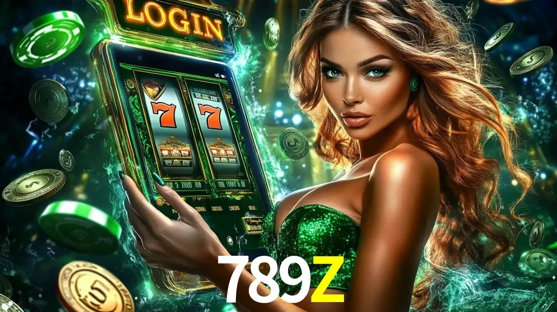 Mulher com tema verde apresentando o aplicativo do cassino 789Z com um jogo de slot de 777, cercada por fichas de cassino e uma aura de sorte.
