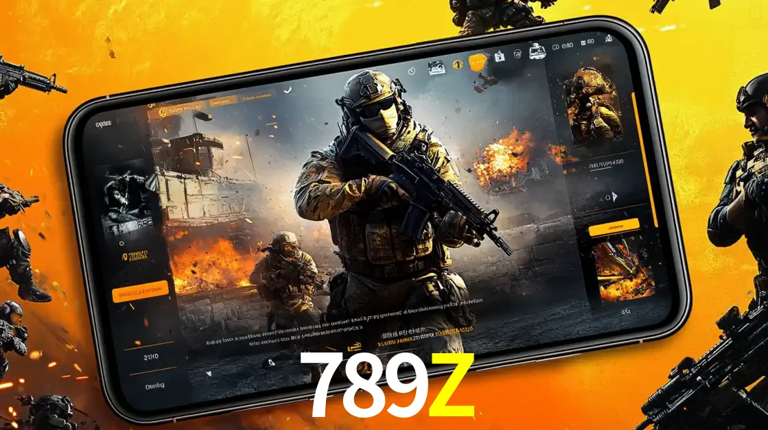 Um smartphone exibindo a interface de um jogo de tiro em primeira pessoa, com um soldado em um cenário de batalha, representando a ação dos e-sports para apostar no 789Z.