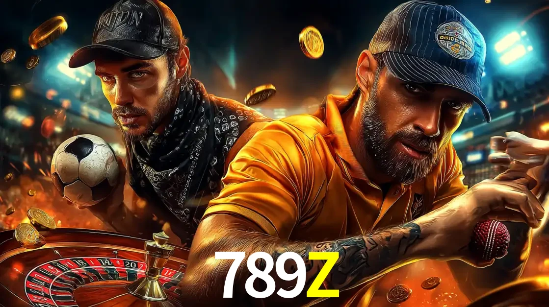 Montagem de apostas esportivas e cassino no 789Z, com um homem segurando uma bola de futebol e outro uma de beisebol sobre uma roleta e moedas voadoras.