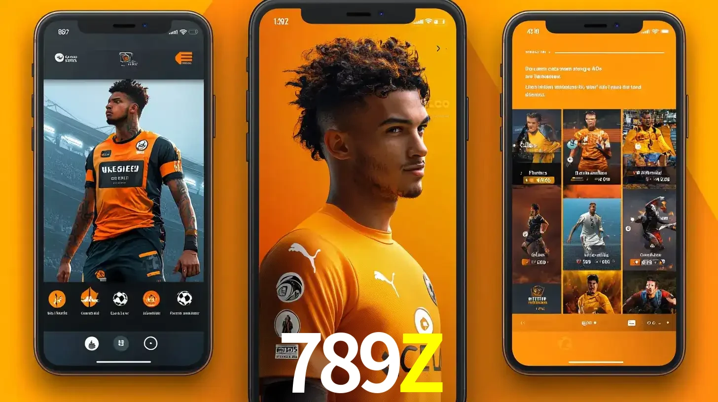 Interface do aplicativo de apostas esportivas 789Z em três telas de celular, mostrando o perfil de um jogador de futebol e a lista de jogos disponíveis para apostar.