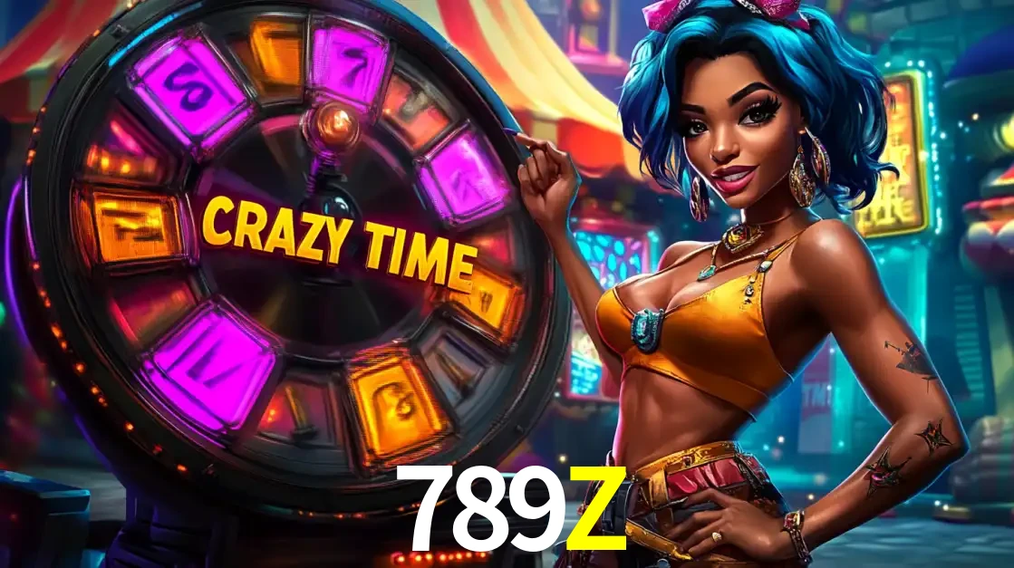 Mulher estilizada com cabelo azul e visual vibrante posando ao lado da roda de prêmios do game show Crazy Time, convidando para a diversão e os bônus do cassino 789Z.