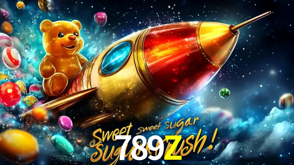 Arte promocional do jogo de slot Sugar Rush, com um urso de pelúcia em um foguete viajando pelo espaço de doces, um dos jogos divertidos disponíveis no cassino 789Z.
