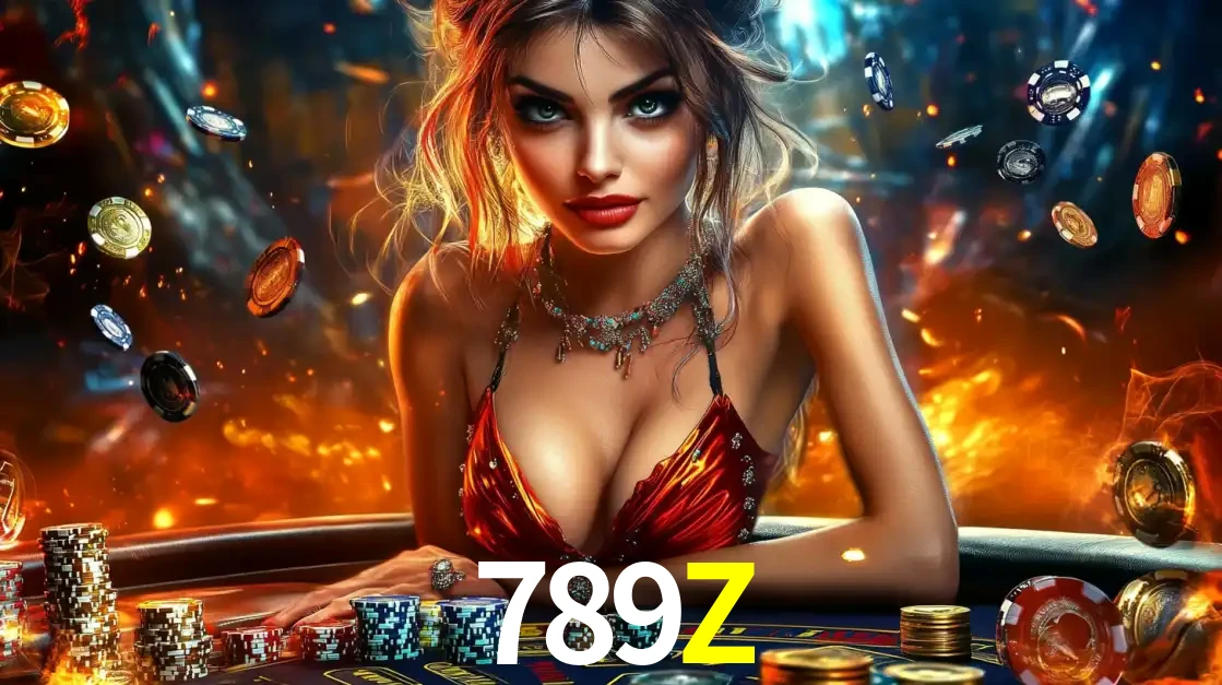 Mulher em uma mesa de cassino com pilhas de fichas e um fundo de fogo, pronta para uma rodada de altas apostas nos jogos de mesa emocionantes do cassino 789Z.