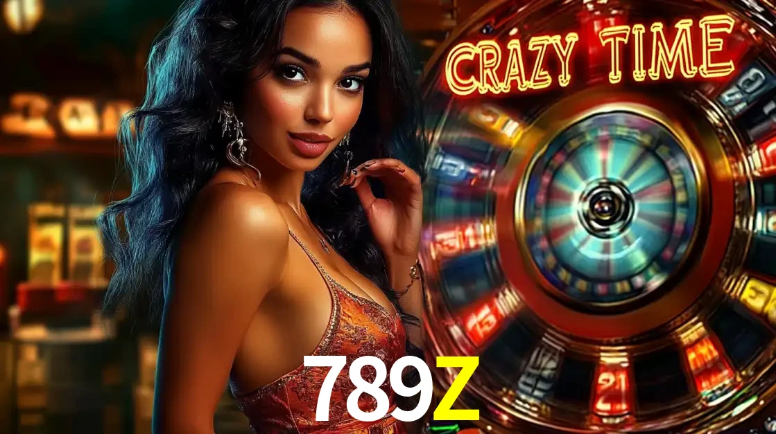 Mulher elegante ao lado da vibrante roda da fortuna do jogo de cassino ao vivo Crazy Time, um dos game shows mais populares e cheios de prêmios do 789Z.