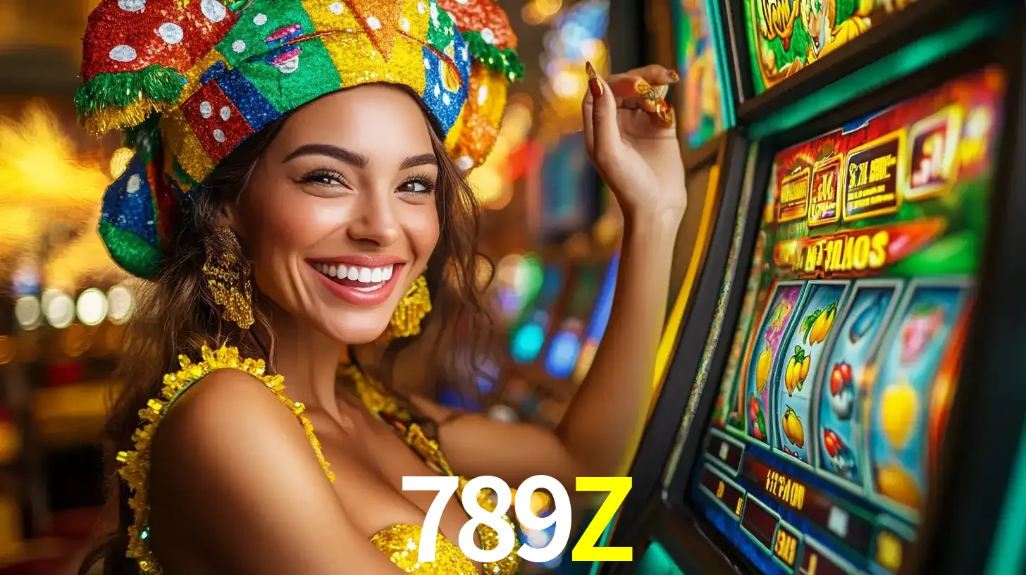Mulher feliz com traje de carnaval amarelo e colorido ao lado de uma máquina de caça-níqueis, aproveitando a diversão e os jogos temáticos do cassino 789Z.