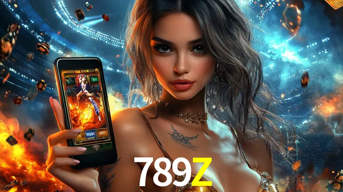 Mulher segurando um celular com um jogo de slot em destaque, tendo como fundo um estádio vibrante, simbolizando a emoção de jogar no cassino móvel 789Z.