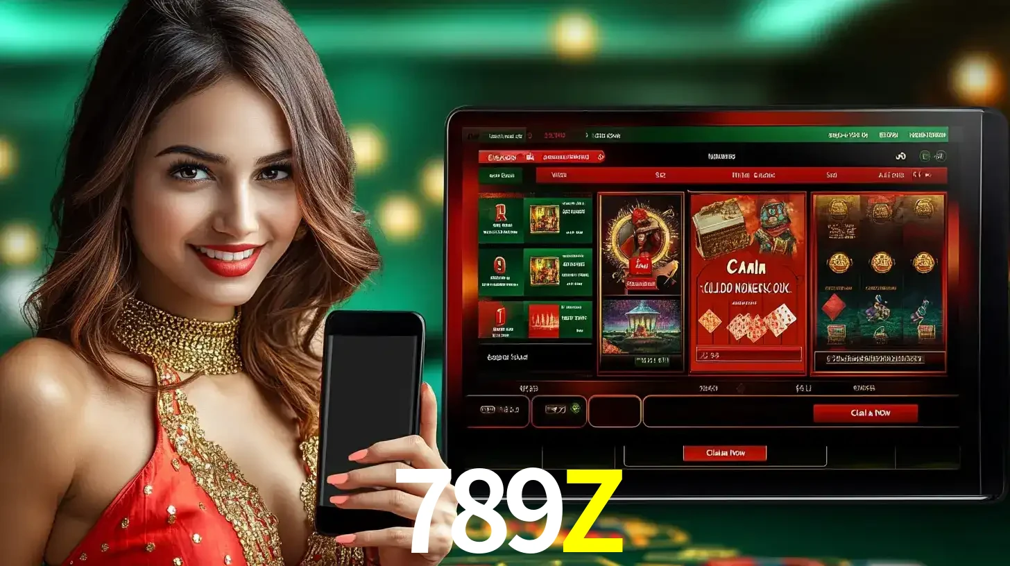 Mulher sorridente segurando um smartphone, ao lado de uma tela exibindo o lobby de jogos do cassino online 789Z, com várias opções de jogos de cartas e slots.